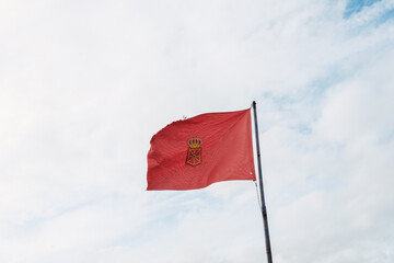 Flag of Navarra, Spain, waving in the wind on clear sky background.