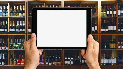 Online service for alcohol delivery. Liquor delivery mobile app mockup. Digital tablet with blank...