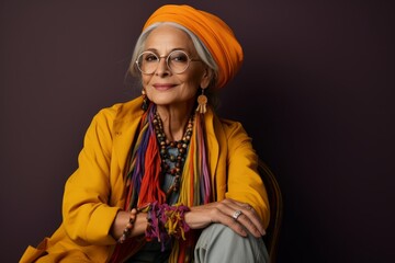 Portrait of a beautiful senior woman in glasses and a yellow coat.