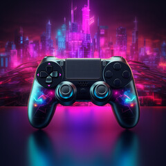 Cyberpunk PlayStation controller with neon lights in background