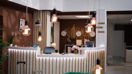 Empty hotel reception and lounge with luxurious couch and modern posh furniture creating pleasant atmosphere for guests. Classy decorations with lights and plants at front desk.