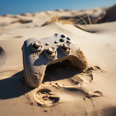 PlayStation controller in the sand with the beach in background. Summer vacation