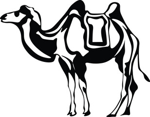 Cartoon Black and White Isolated Illustration Vector Of A Camel with A Saddle On