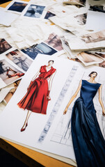 Fashion Design Sketches: Sketches and fabric swatches on a designer’s worktable, illustrating the creative process behind fashion design