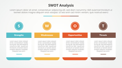 swot business framework strategic template infographic concept for slide presentation with big table and circle header on top 4 point list with flat style