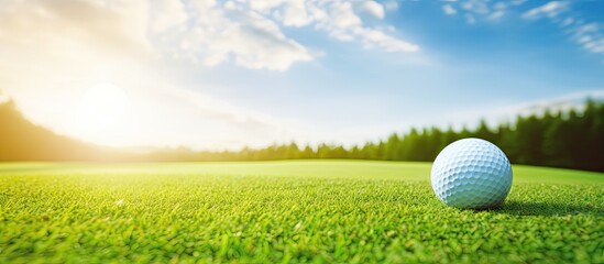 Golf is a relaxing outdoor sport played on a vibrant green grass under the blue sky, making it a perfect recreation for leisure enthusiasts park with a ball. - obrazy, fototapety, plakaty