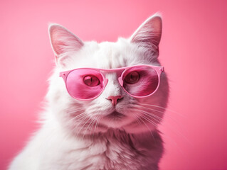 White cat in pink on a pink background. Glasses add a stylish and fashionable look to the character. The image is filled with charm and can symbolize style, positivity and unusualness - obrazy, fototapety, plakaty