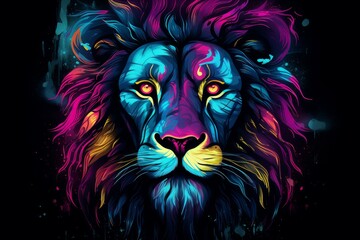 Illuminated Head of lion with neon style. Wildlife predator. Generate Ai