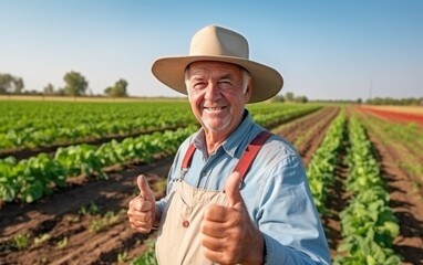 A farmer facing to the camera on a field giving thumbs up