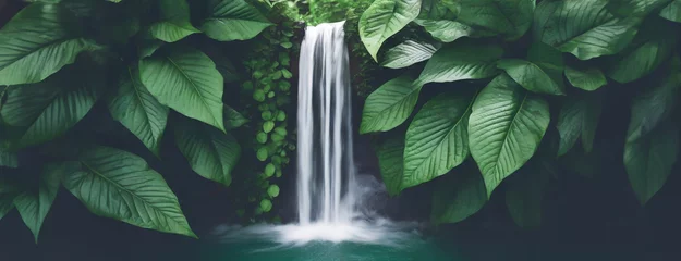 Fototapeten Waterfall hidden in green tropical rain forest jungle. Green leaves background. Panorama with copy space. © Igor Tichonow
