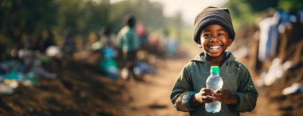 Close-up African little boy poor tramp rejoices holding a bottle of clear drinking water. Disadvantaged rural area in Africa on the background. Panorama with copy space. - obrazy, fototapety, plakaty