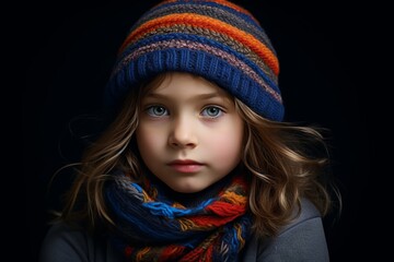 Portrait of a little girl in a warm hat and scarf.