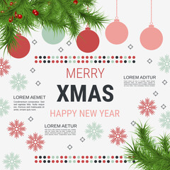 Fototapeta na wymiar Merry Christmas and Happy New Year minimalistic style square vector flyer template. Flat design illustration with winter style elements