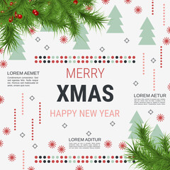 Merry Christmas and Happy New Year minimalistic style square vector flyer template. Flat design illustration with winter style elements