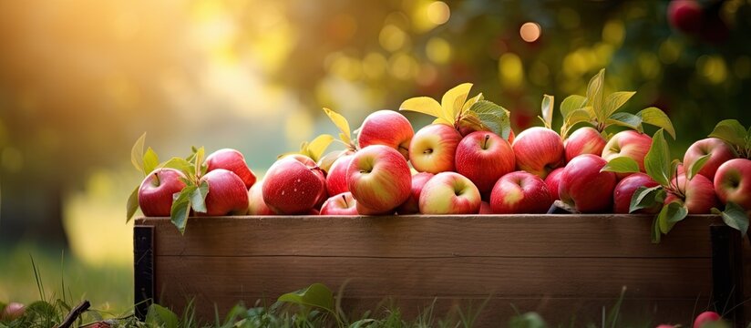 In a picturesque farm in Country, a wooden box filled with vibrant and red apples sits amongst the colorful foliage of the fall season, showcasing the natural and organic bounty of the land. These