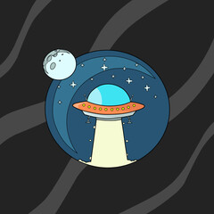 cartoon rocket in space, vector illustration of ufo and planets with background for design, cute icon