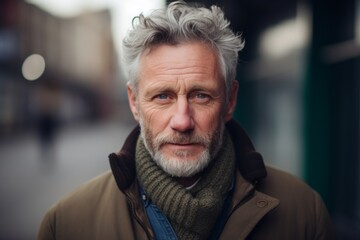 Portrait of a senior man with grey hair and beard in the city
