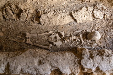 Human skeleton in a Roman grave at the Utique Archaeological Site.