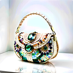 Nature-Inspired Elegance: A women's handbag crafted with mother-of-pearl, pearls, and gemstones.(Generative AI)