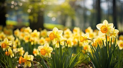 Obraz premium background of a flourishing spring garden, a beautiful display of floral beauty stood tall, showcasing the vibrant colors of yellow narcissus, enhancing the natural allure of the green flora