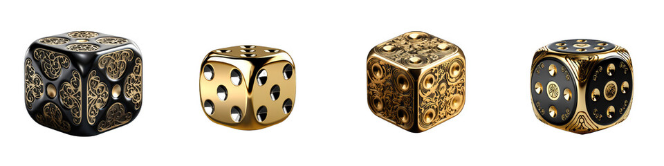  Black Gold Dice Hyperrealistic Highly Detailed Isolated On Transparent Background Png File - obrazy, fototapety, plakaty