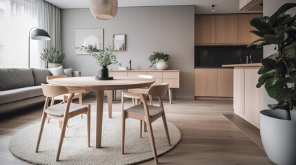 Fototapeta premium Side view of a round dining table in a modern Scandinavian spacious living room with kitchen, 3d render. Decor concept. Real estate concept. Art concept. Bathroom concept. Stylist concept. 3d render.