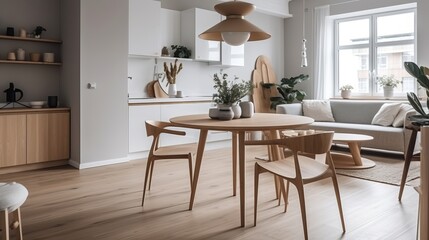 Fototapeta na wymiar Side view of a round dining table in a modern Scandinavian spacious living room with kitchen, 3d render. Decor concept. Real estate concept. Art concept. Bathroom concept. Stylist concept. 3d render.