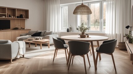 Side view of a round dining table in a modern Scandinavian spacious living room with kitchen, 3d render. Decor concept. Real estate concept. Art concept. Bathroom concept. Stylist concept. 3d render.