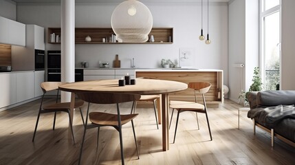 Fototapeta na wymiar Side view of a round dining table in a modern Scandinavian spacious living room with kitchen, 3d render. Decor concept. Real estate concept. Art concept. Bathroom concept. Stylist concept. 3d render.