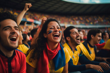Latin american football fans from Colombia celebrating a goal inside a stadium - obrazy, fototapety, plakaty
