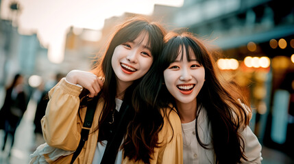 Fototapeta premium HAPPY LAUGHING ASIAN GIRLS ON CITY STREETSq