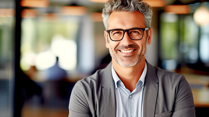 Obraz premium HAPPY SMILING MATURE BUSINESSMAN ON OFFICE BACKGROUND. legal AI 