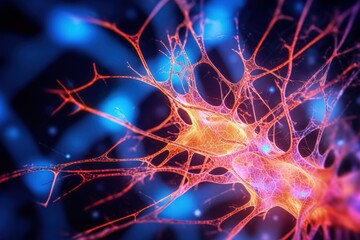 Close up of human brain showing neurons firing and neural extensions, limbic system Mammillary pituitary gland, amygdala thalamus, cingulate gyrus, corpus callosum, hypothalamus. - obrazy, fototapety, plakaty