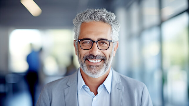 HAPPY SMILING MATURE BUSINESSMAN ON OFFICE BACKGROUND. legal AI	