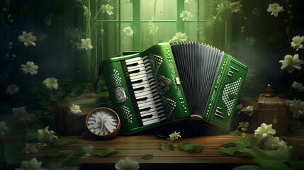 accordion player in the green accordion player in the street accordion, music, instrument, musician, musical, playing, woman, keyboard, play, old, hand, player, person, sound, traditional, key, piano, - obrazy, fototapety, plakaty