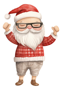 Watercolor a cute Santa Claus character with sunglasses cartoon isolated.