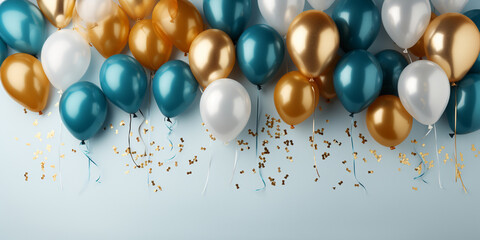 Birthday party blue and gold composition with balloons and confetti, concept for giftcard with copy space, light background
