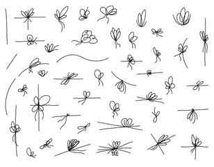 A set of linear bows on a ribbon for decorating a gift, drawn in pencil. Rope with rope knots in doodle style, simple thin line wedding elements isolated on white background. Vector doodle lines - obrazy, fototapety, plakaty