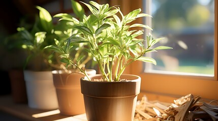 Indoor plants in pots on the windowsill. Home gardening.