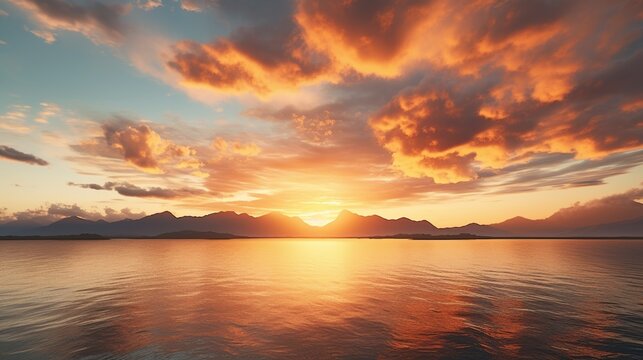 Beautiful landscape sunset with golden orange sky on sea water reflection. AI generated image