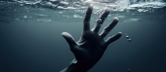 Single human hand drowning in water need help. AI generated image