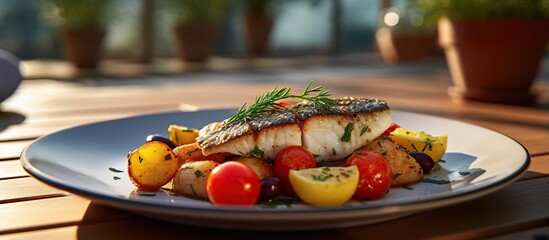 Fresh grilled sea bass with tomatoes and potato balls on a white plate. AI generated image - obrazy, fototapety, plakaty