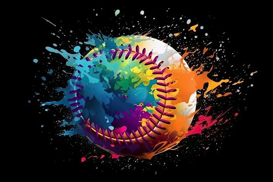 Colorful Splatter Baseball with Vibrant Rainbow Splash Background Generative AI