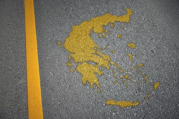 Poster yellow map of greece country on asphalt road near yellow line. © luzitanija