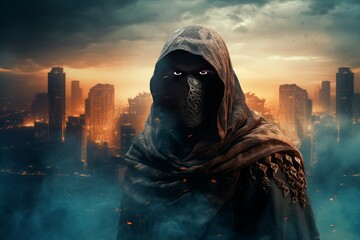 Agile Hooded warrior man. Arab city weapon. Generate Ai - obrazy, fototapety, plakaty