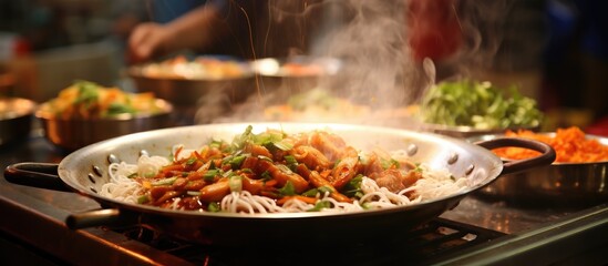 In the bustling street food stall, a skilled chef expertly cooked a delicious plate of traditional fried noodles, using fresh ingredients that added a burst of flavor to the dish. The fragrant aroma