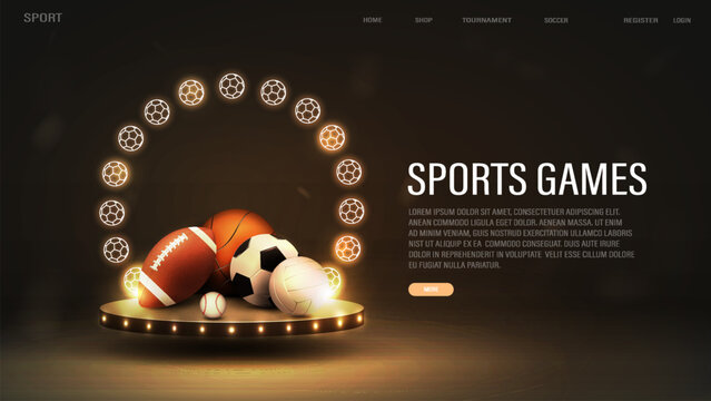 A web banner for sports betting with balls for basketball, baseball, soccer, soccer and volleyball on the podium with a neon frame in gold color.