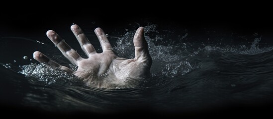 Single human hand drowning in water need help. AI generated image - obrazy, fototapety, plakaty