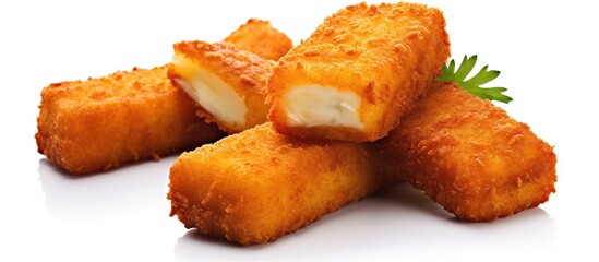 Macro view Golden crispy fried fish fingers on white background. AI generated image - obrazy, fototapety, plakaty