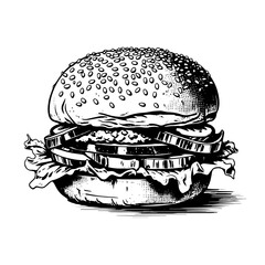 Hamburger, meat burger. Vector illustration in engraving style.